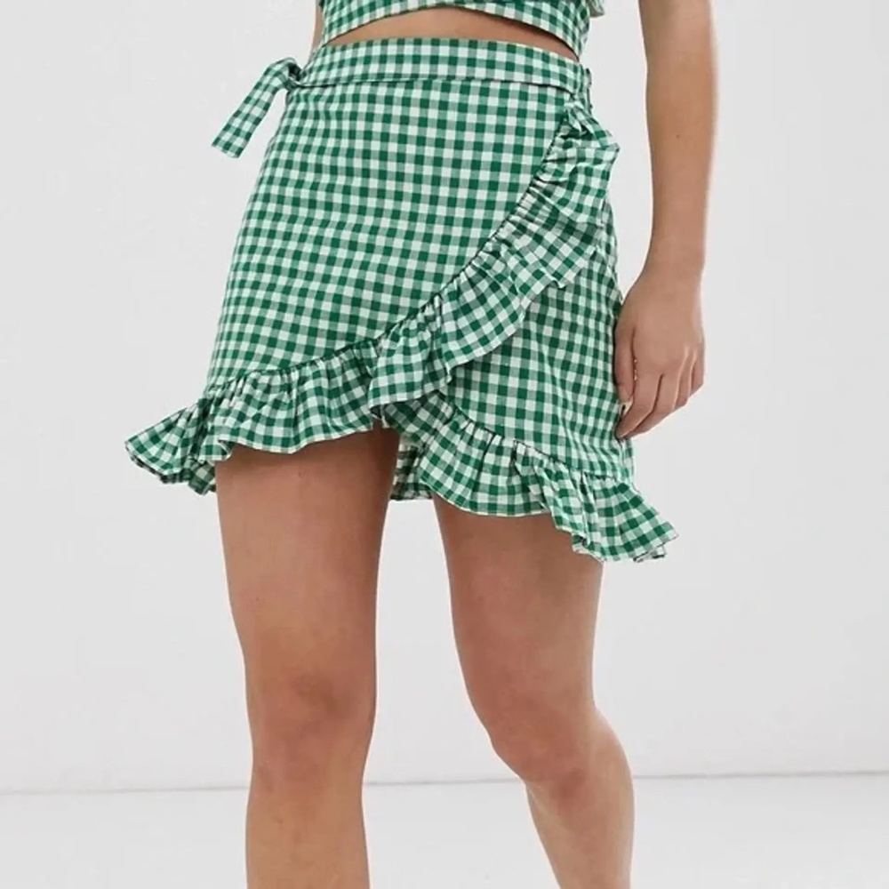 Glamorous Petite Wrap Mini Skirt Green Gingham Sz10 Spring Summer Ruffle Hem Med